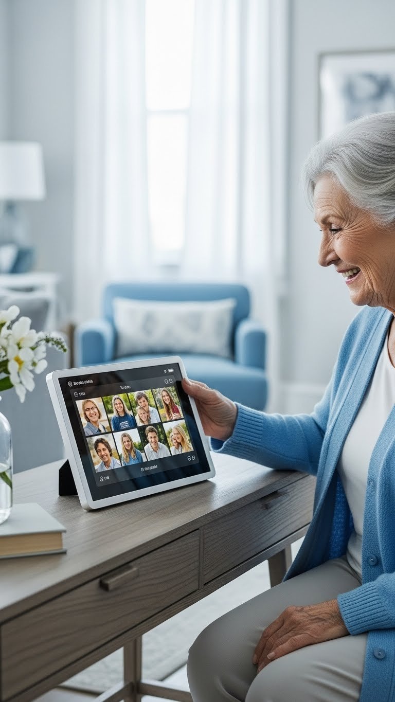 Smiling grandmother interacting with modern digital photo frame displaying rotating family photos on console table