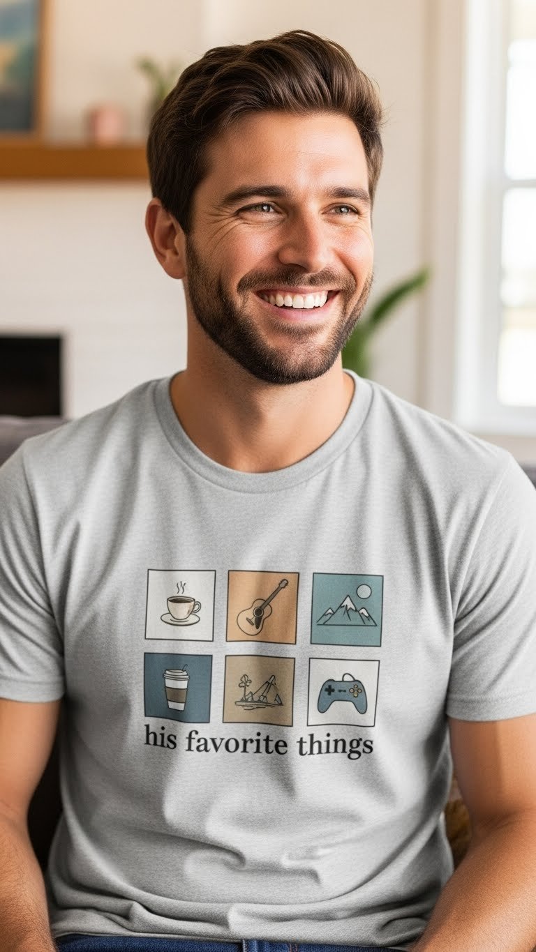 Smiling man wearing heather grey t-shirt with hand-drawn hobby icons collage representing favorite things