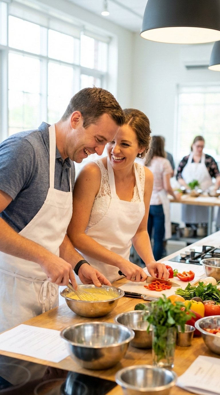 Smiling newly married couple laughing while cooking together in a bright professional kitchen with colorful ingredients.