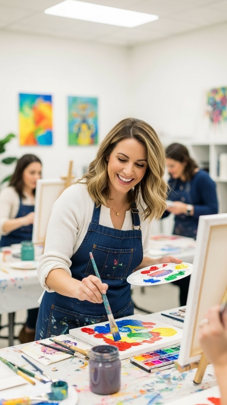 Smiling woman in her 30s-40s painting on canvas during vibrant art class in bright studio with colorful supplies.