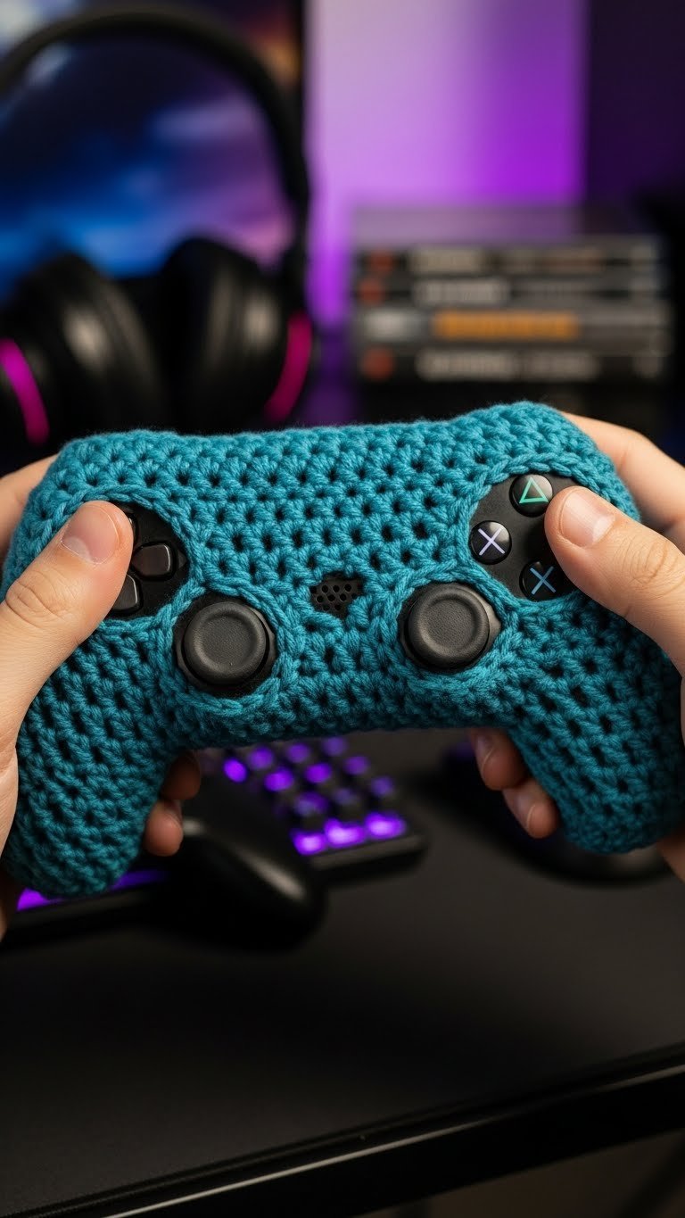 Snug crocheted gaming controller cover in deep teal with button cutouts on dark gaming desk