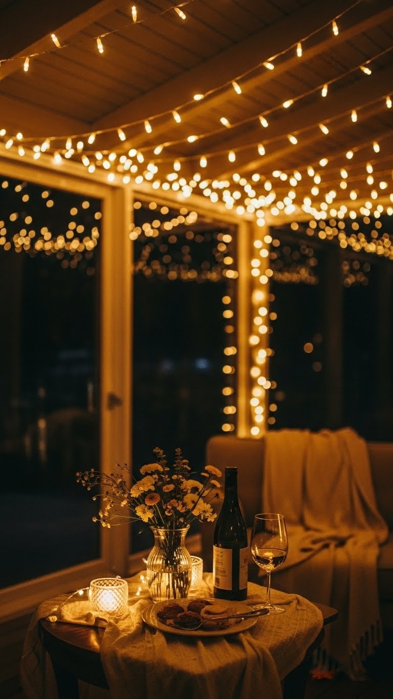 Soft ambient string lights creating magical glow across ceiling with warm golden illumination