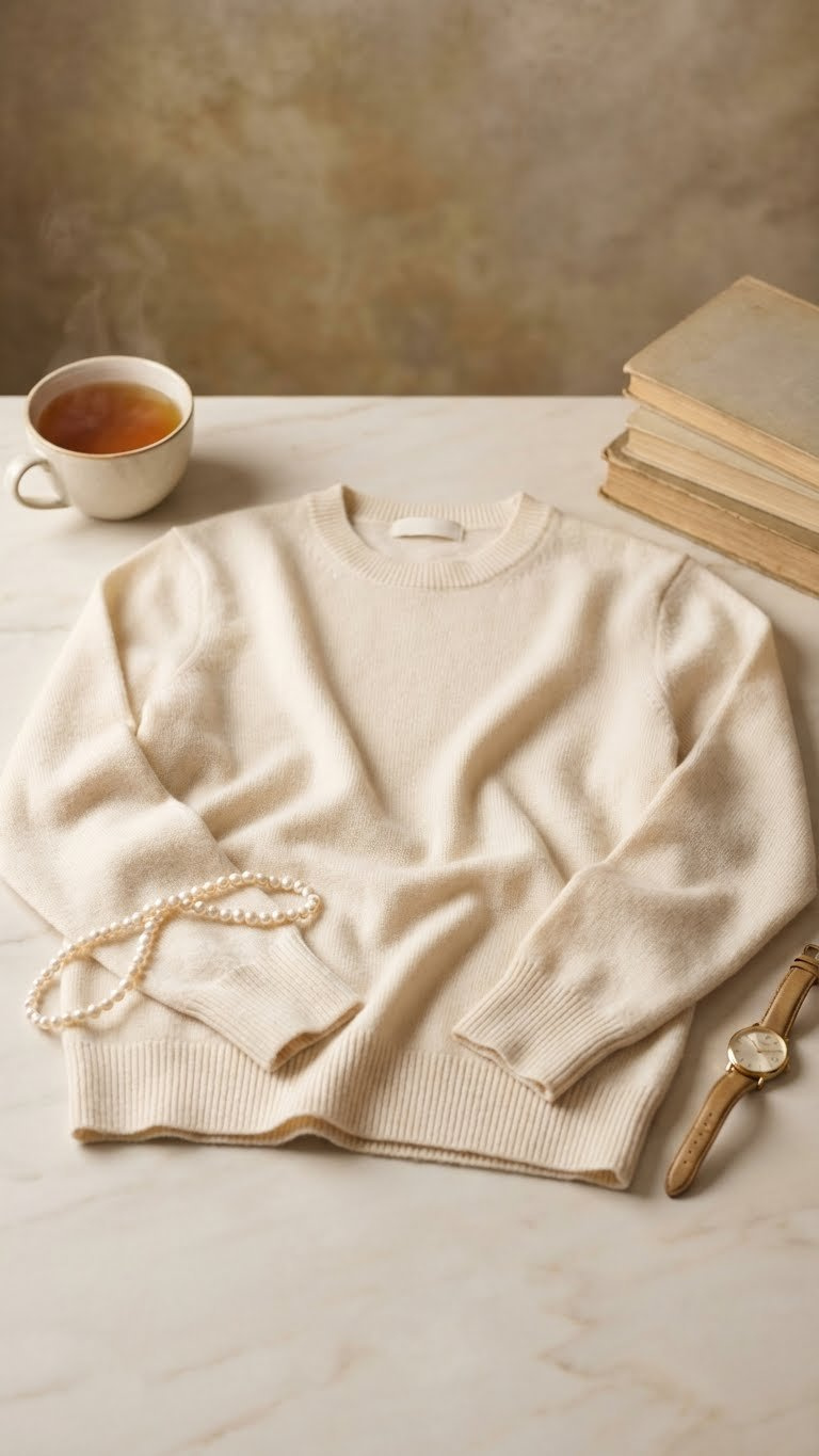 Soft cream cashmere crewneck sweater, exquisitely knit and draped, highlighting luxurious texture on marble for cozy, elegant fashion.