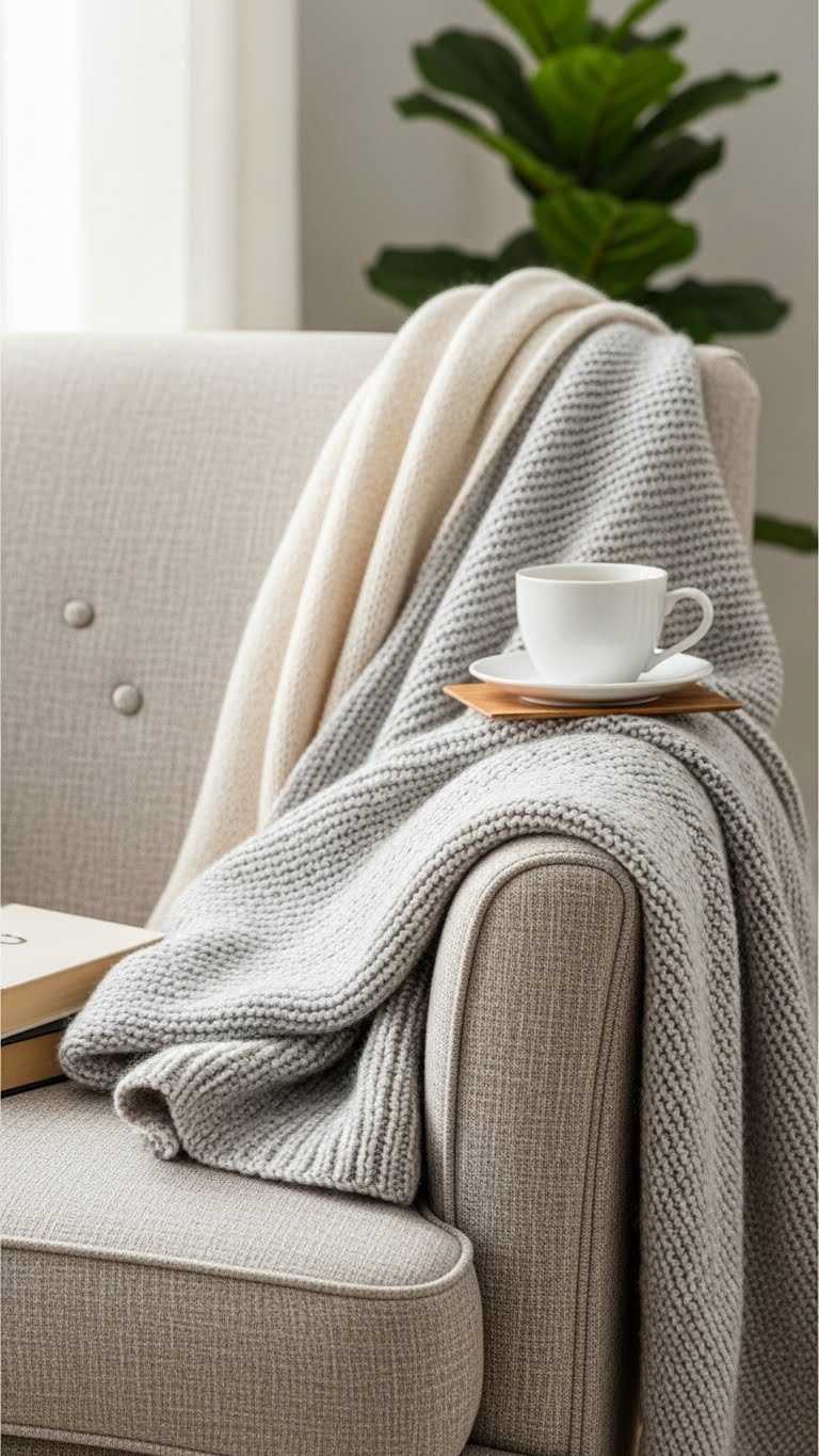 Soft knitted shawl draped over textured armchair with book and tea in living room