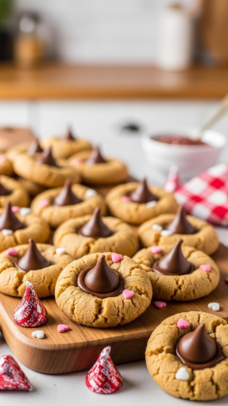 Soft peanut butter blossom cookies with chocolate kisses and heart sprinkles on rustic wooden board