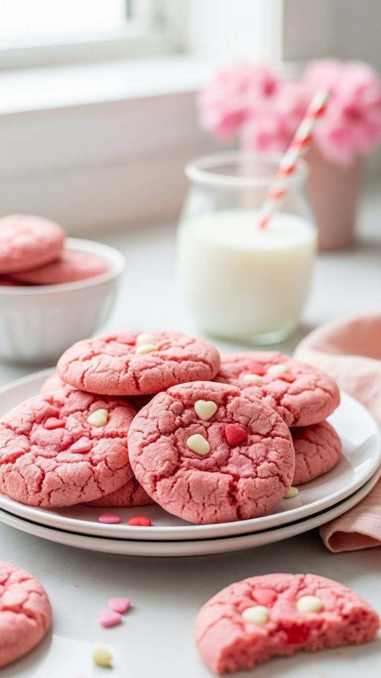 Soft pink strawberry cake mix cookies with white chocolate chips and heart sprinkles on white plate