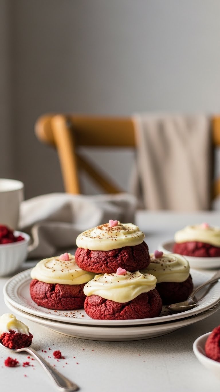 Soft red velvet cookies with cream cheese frosting on vintage ceramic plate with heart sprinkle garnish