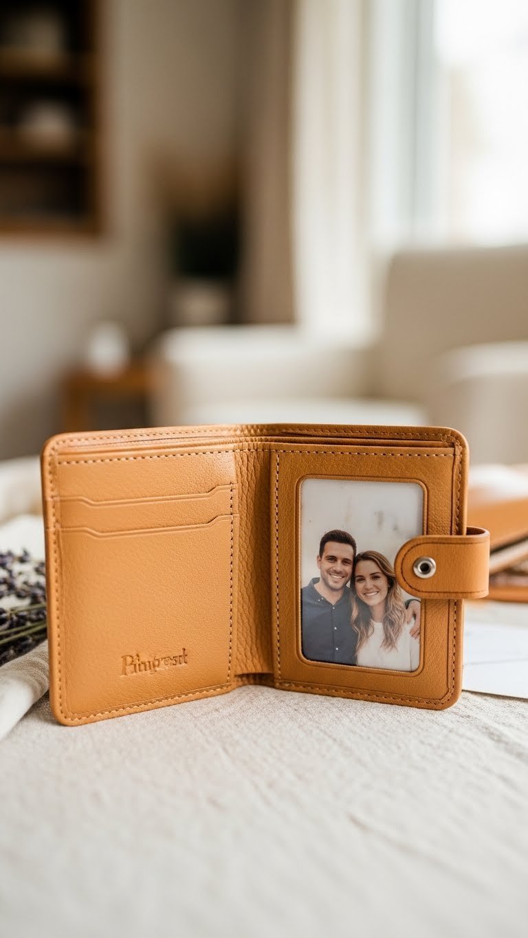 Soft tan leather wallet with sentimental photo insert showing smiling couple on textured linen tablecloth