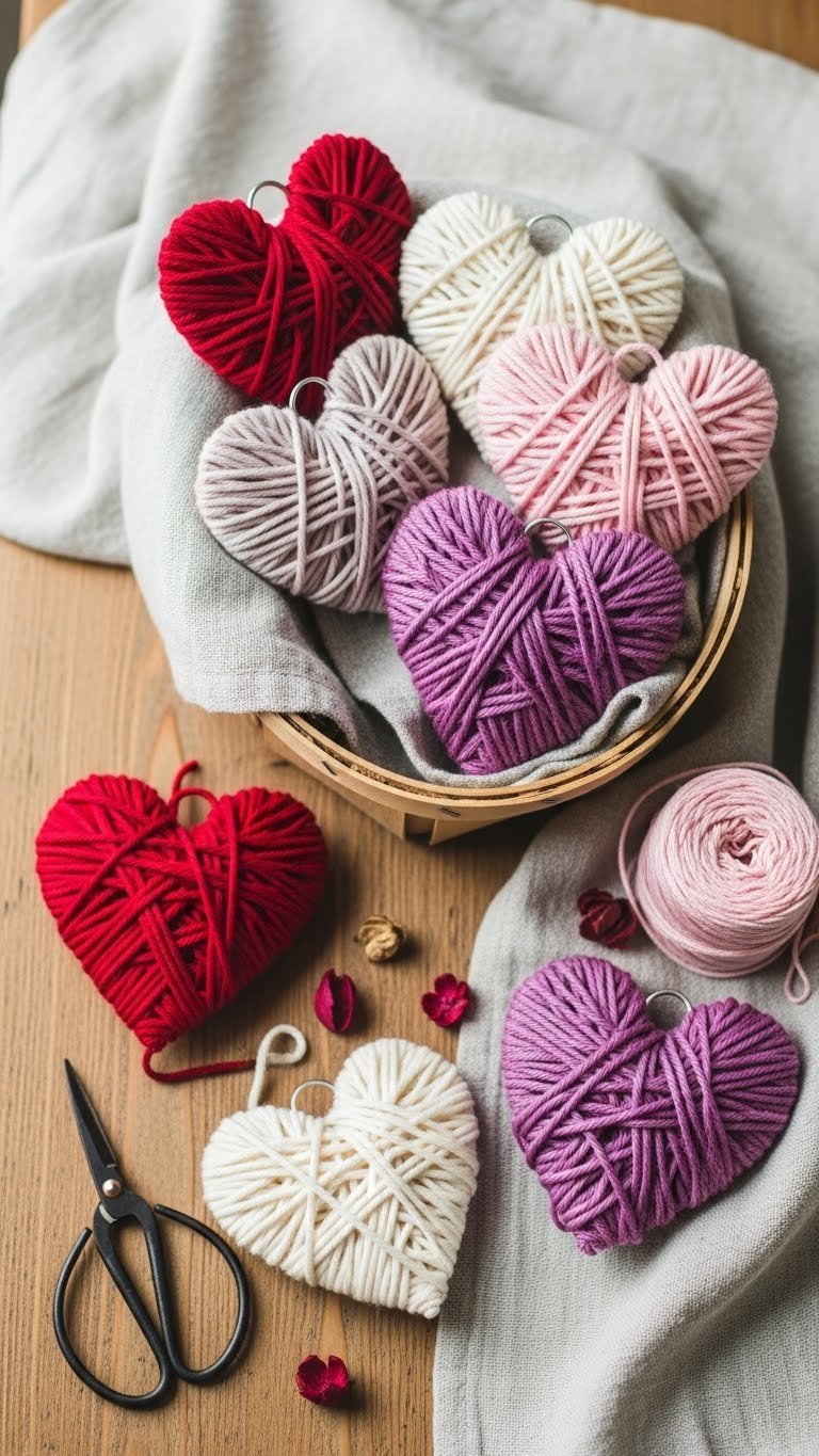 Soft yarn-wrapped hearts in rustic wooden basket with cozy texture and warm color palette arrangement