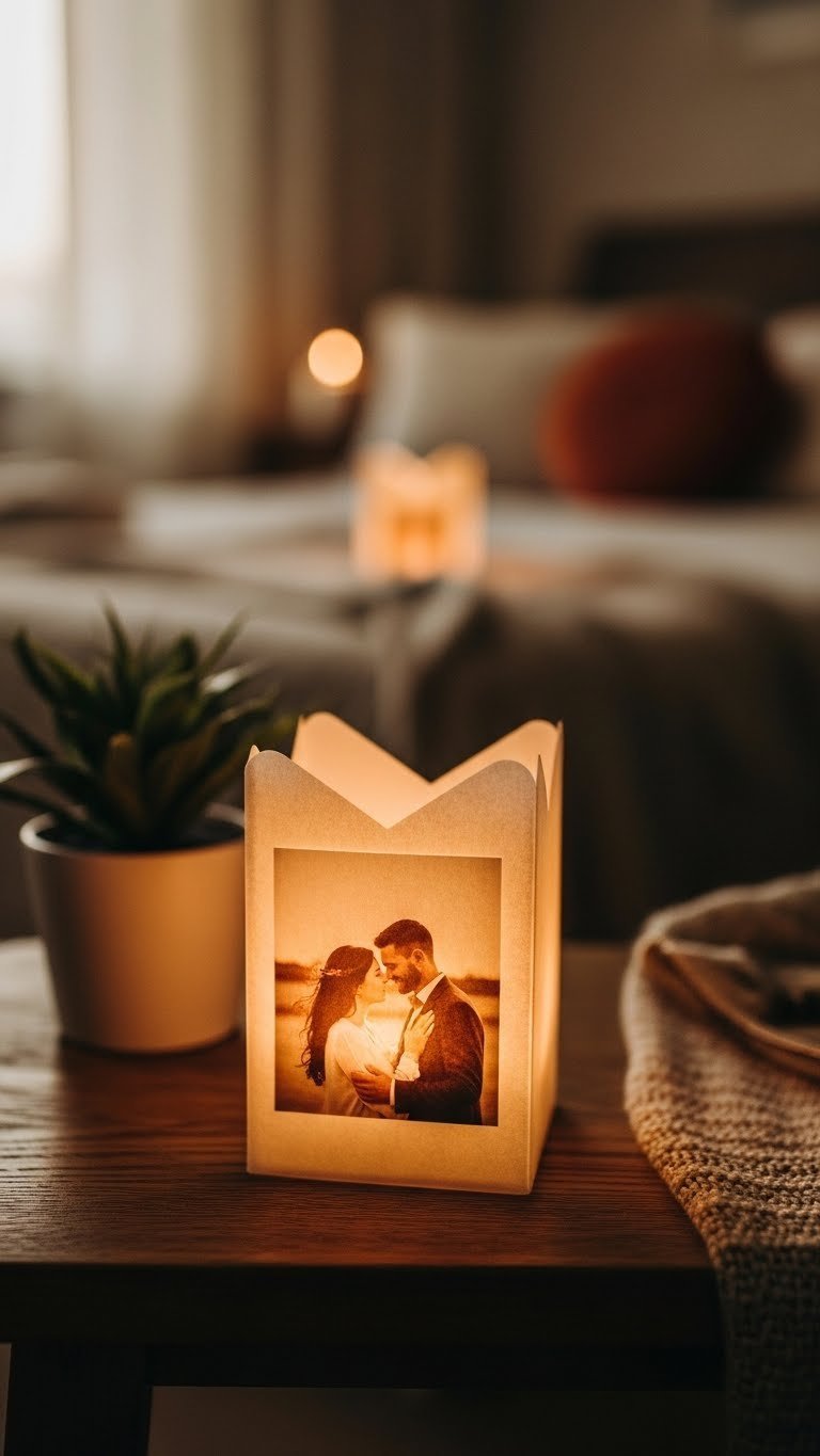 Softly glowing photo luminary with romantic couple image casting warm light on rustic wooden table.