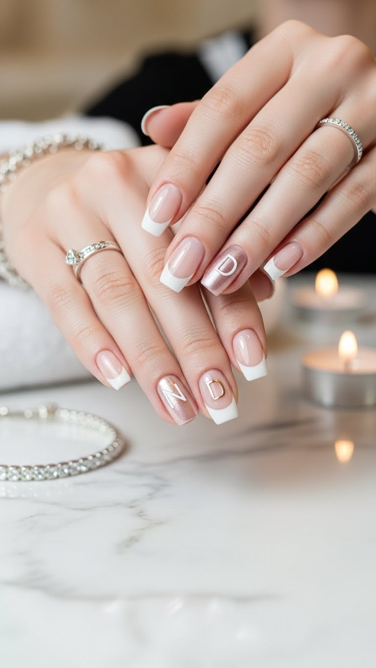 Sophisticated French manicure with metallic stamped initial D on crisp white tips over polished marble surface