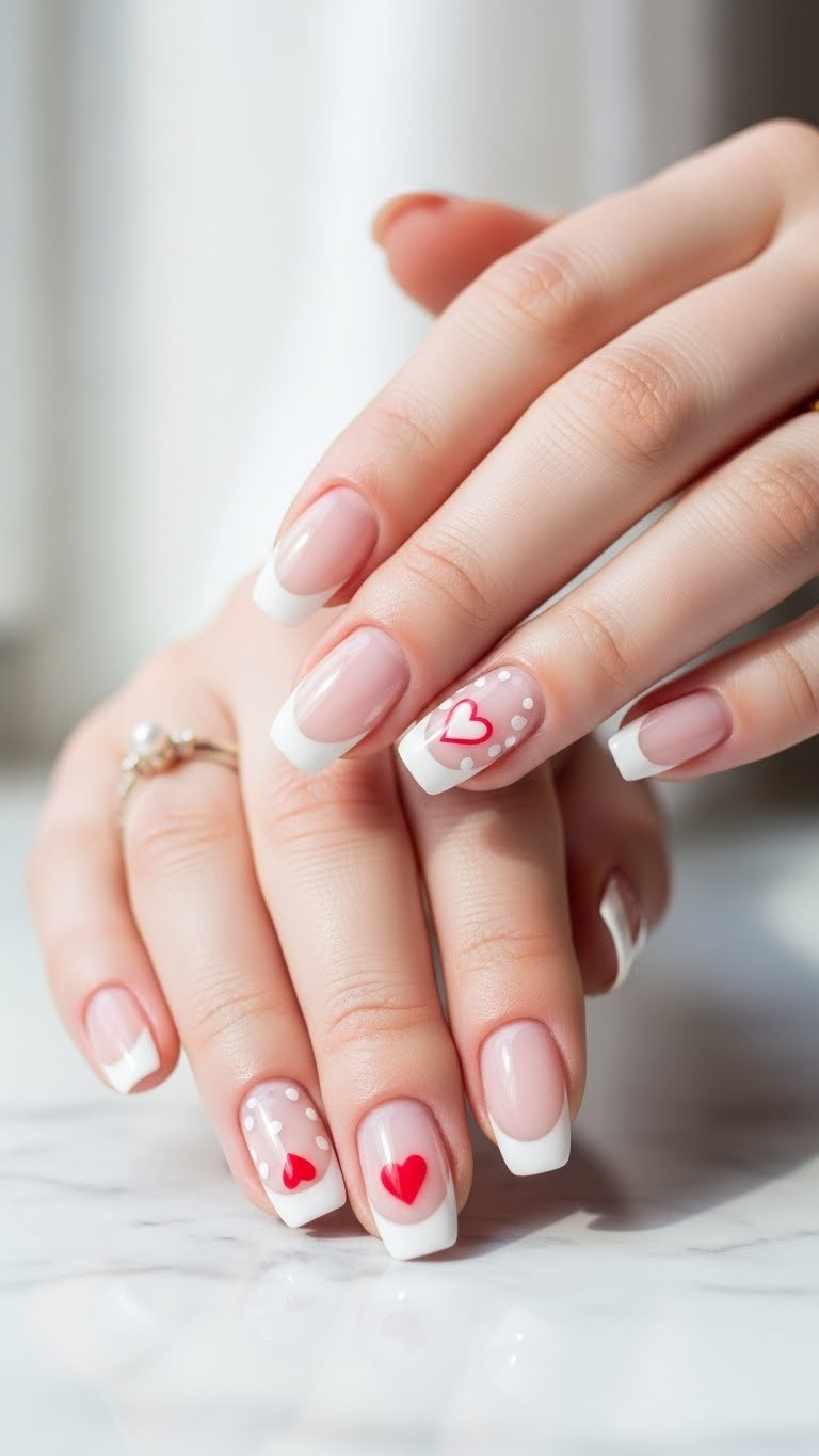 Sophisticated French tip Valentine's Day nails with subtle pink heart accent and pearl ring against marble surface backdrop
