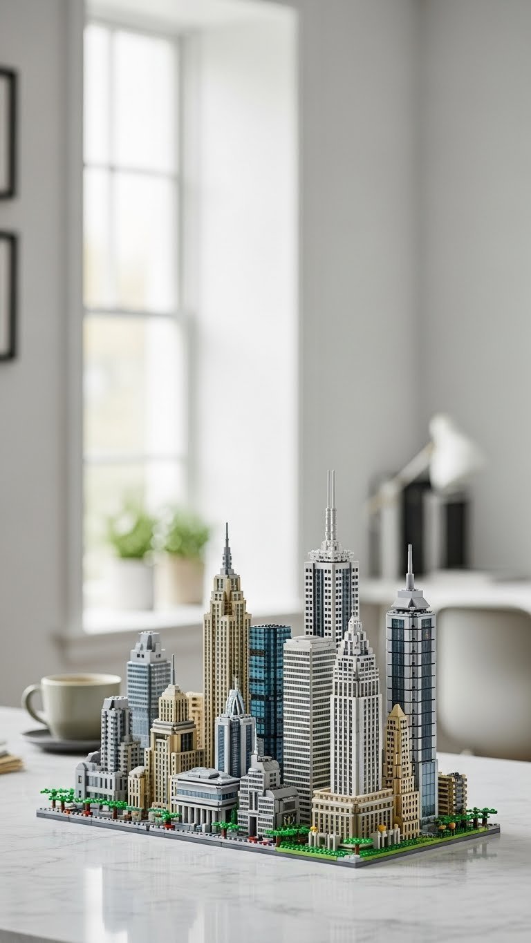 Sophisticated LEGO Architecture skyline set displayed on white marble countertop with minimalist modern background