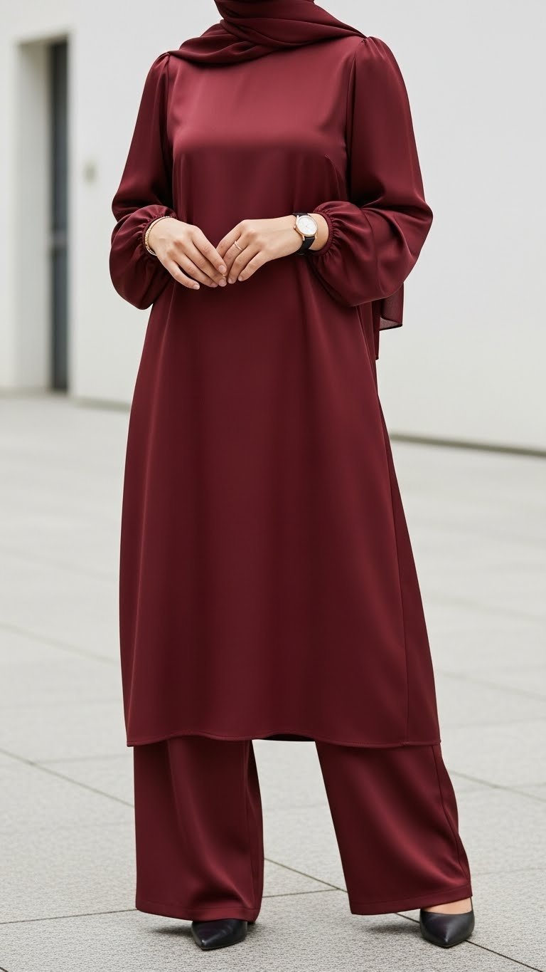 Sophisticated burgundy modest co-ord set with wide-leg trousers in modern art gallery