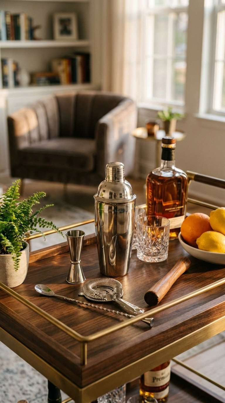 Sophisticated cocktail mixer set with stainless steel shaker arranged on polished dark wood bar cart.