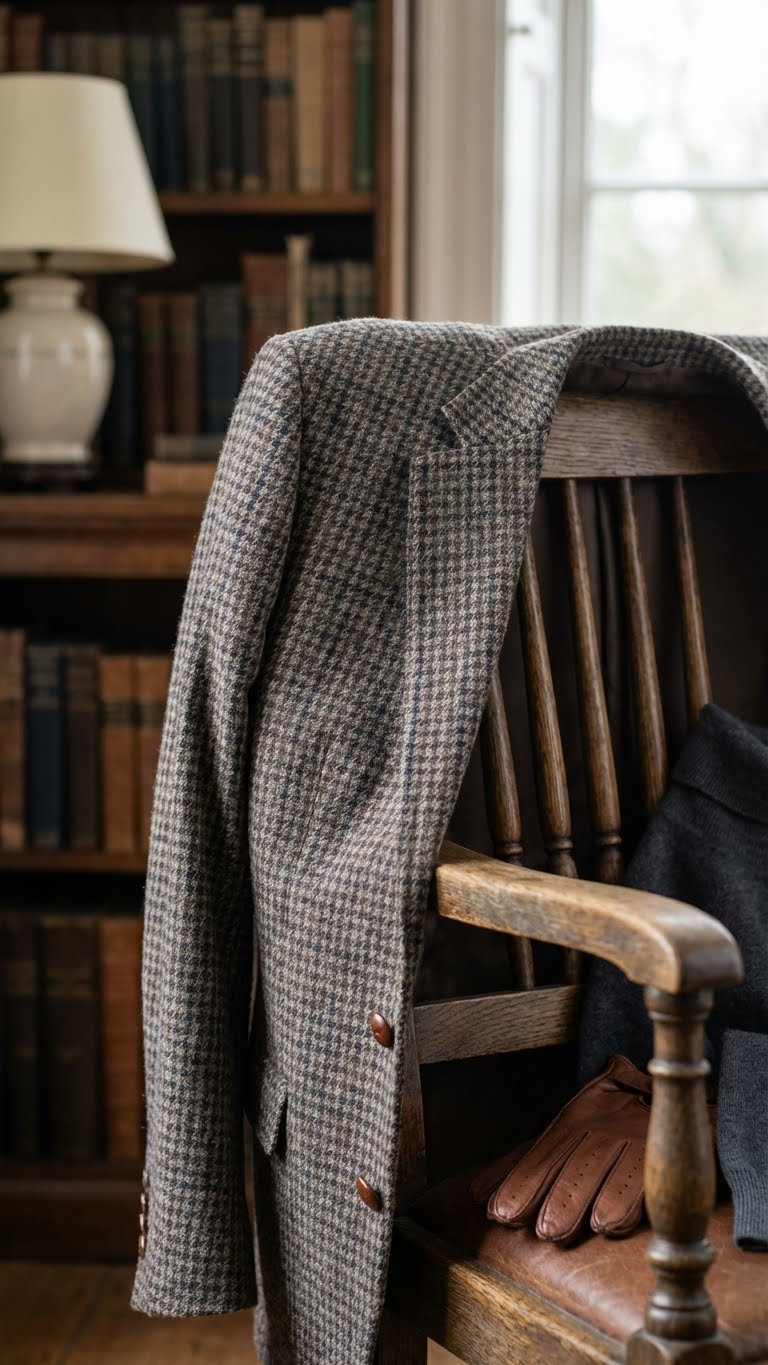 Sophisticated fitted tweed blazer in herringbone, highlighting rich texture and crisp lapels, draped on a chair for classic style.