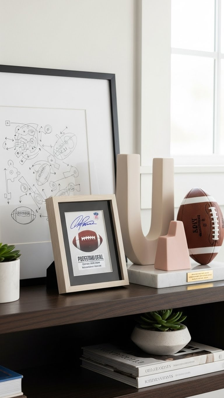 Sophisticated football memorabilia display with autographed helmet, abstract sculpture, and vintage play diagram