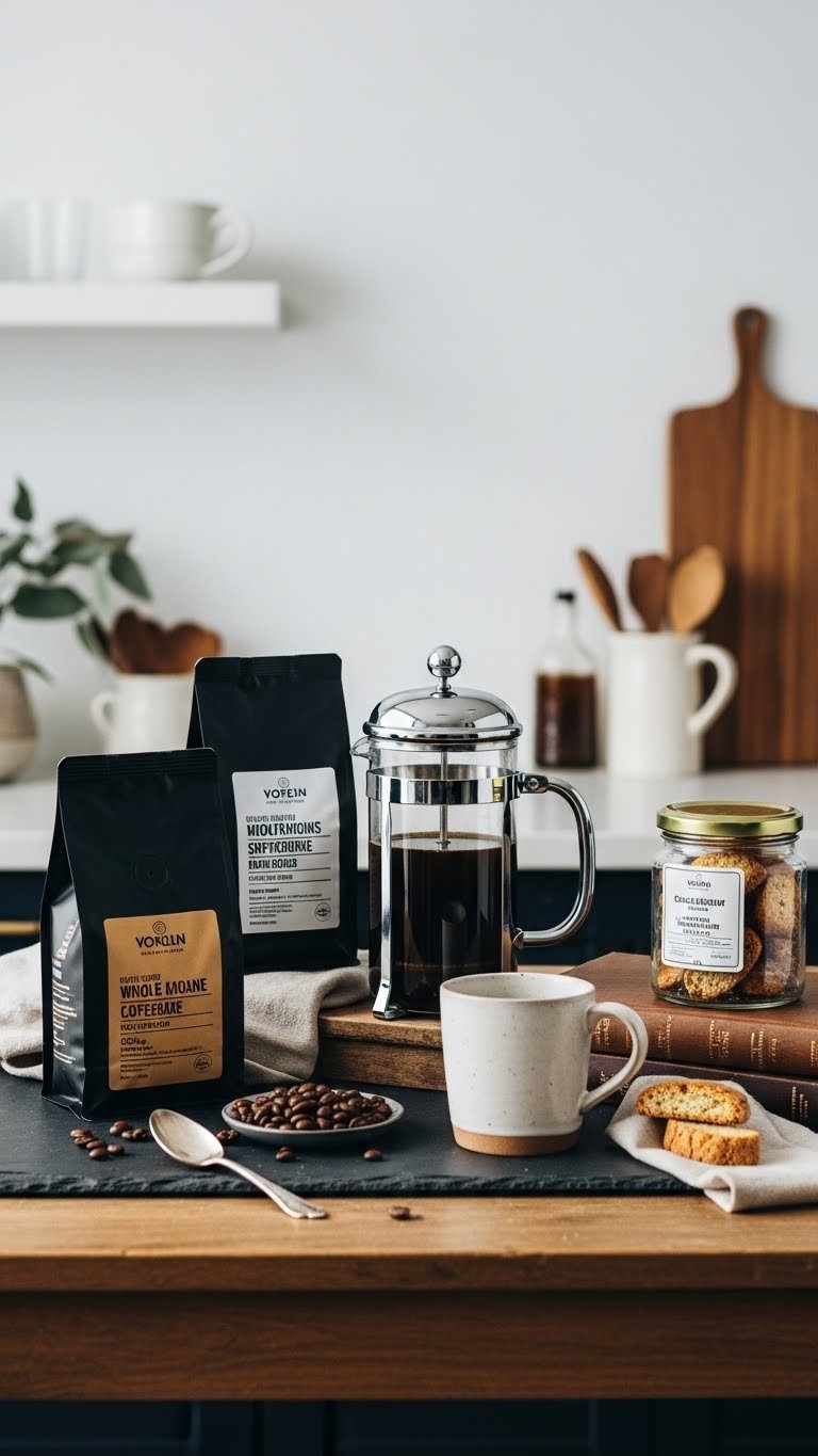 Sophisticated gourmet coffee hamper with artisan beans, French press, and biscotti on rustic wooden table