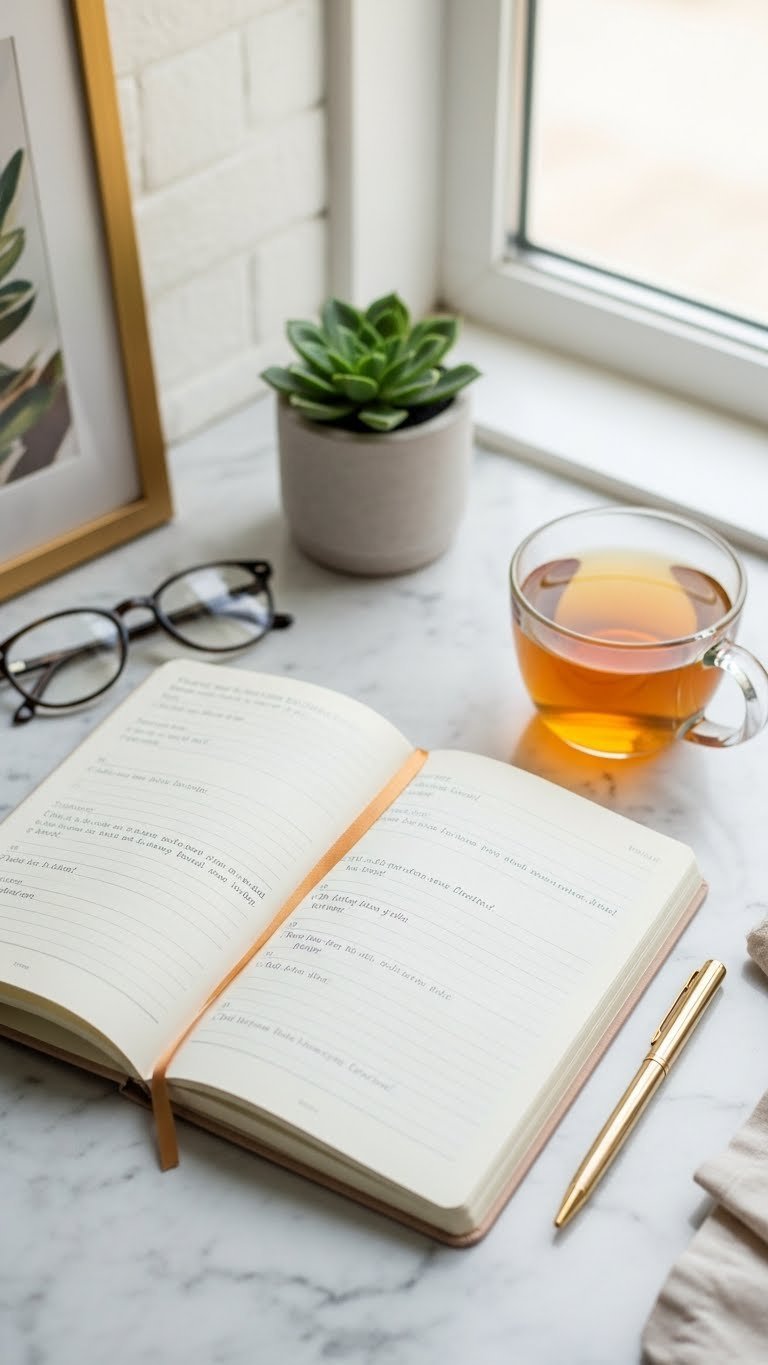 Sophisticated gratitude diary open with inspiring prompts and pen on marble countertop with herbal tea
