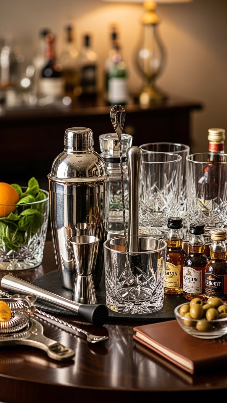 Sophisticated home bar kit with cocktail shaker, jigger, crystal glasses and premium spirits on dark wood