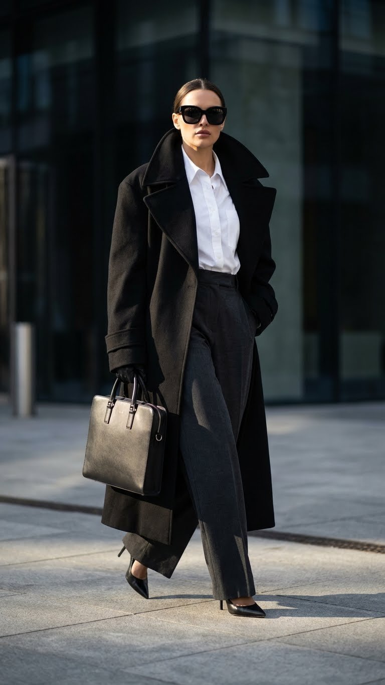 Sophisticated individual in a dramatic black trench coat, wide-leg trousers, and stiletto heels near an office building.