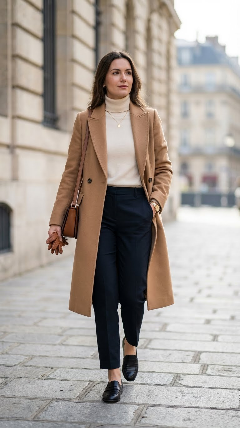Sophisticated individual wearing a tailored camel wool coat, cashmere sweater, and leather loafers on a city street.