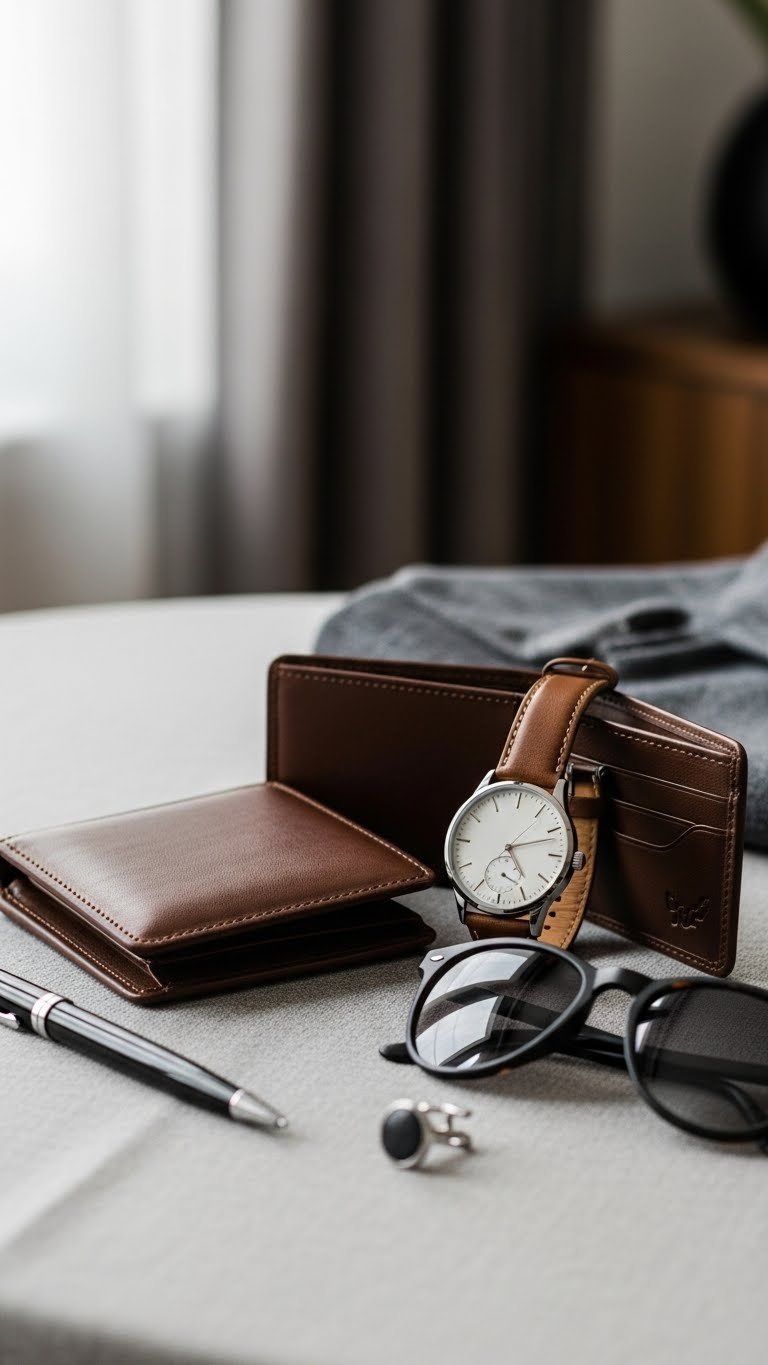 Sophisticated leather wallet, classic wristwatch, and sleek sunglasses arranged on neutral fabric for men's accessories