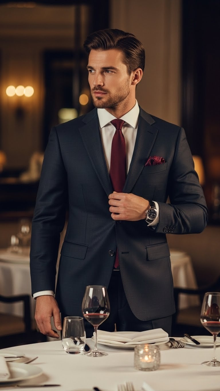 Sophisticated man in charcoal suit with burgundy tie at elegant restaurant table with soft ambient lighting for formal Valentine's dinner