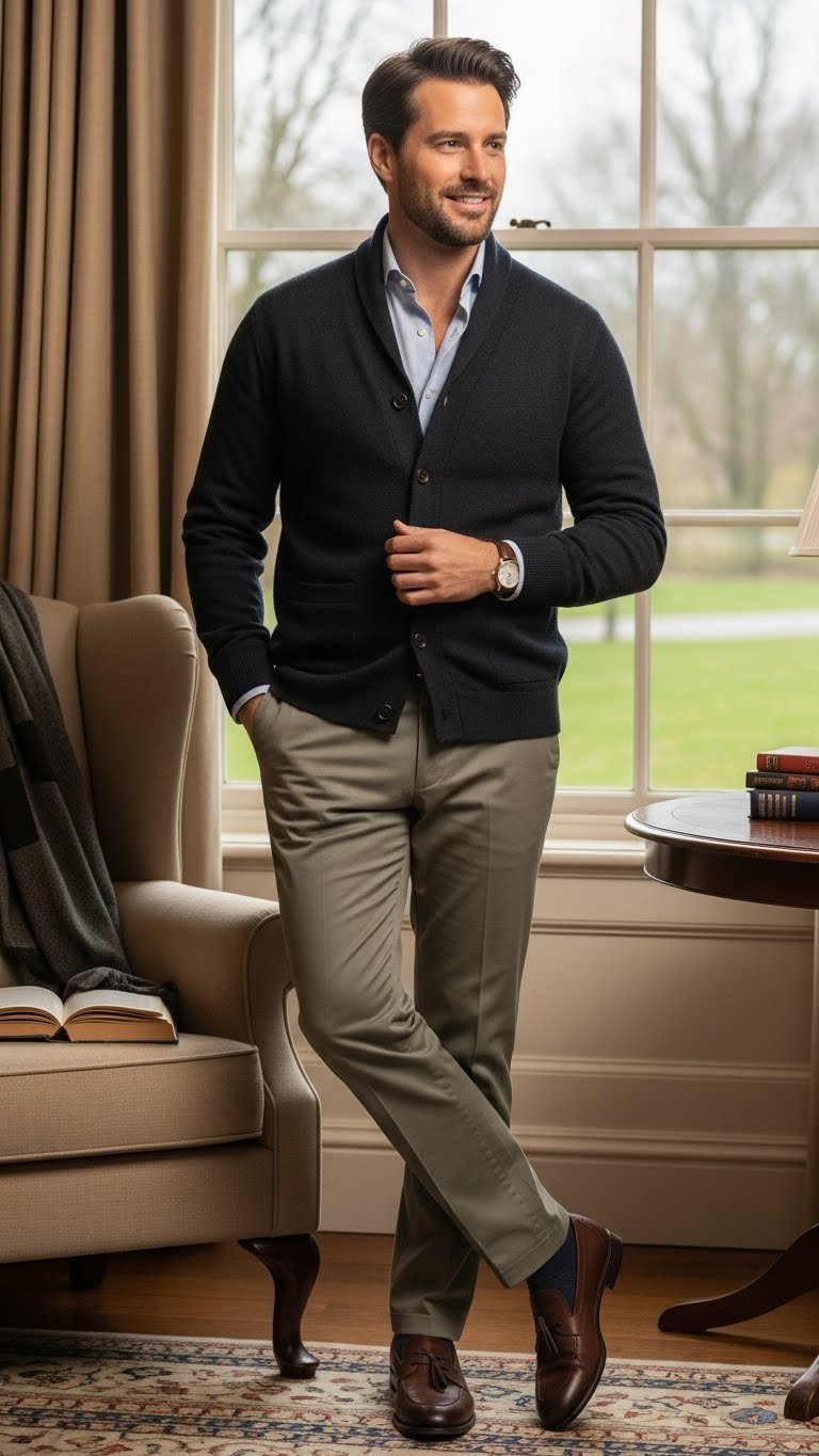 Sophisticated man in layered cardigan and chinos standing in cozy study with warm golden hour lighting for classic Valentine's charm