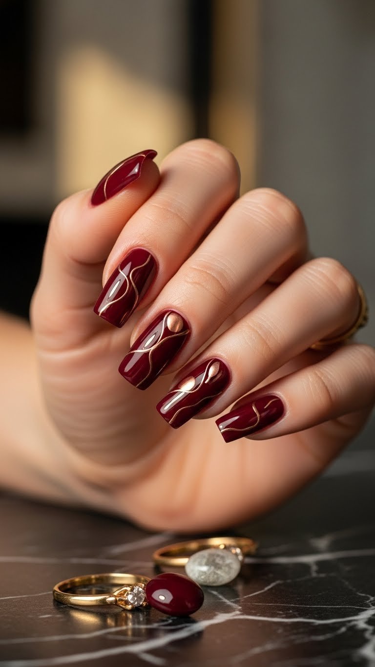 Sophisticated maroon abstract square nails with gold metallic accents on dark marble surface