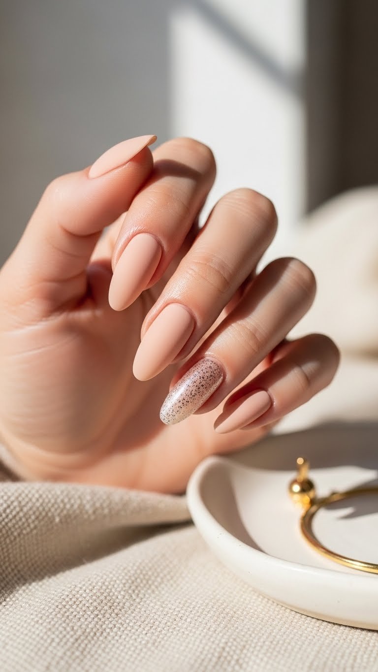 Sophisticated matte nude almond nails with subtle silver glitter accents on luxurious cream linen fabric