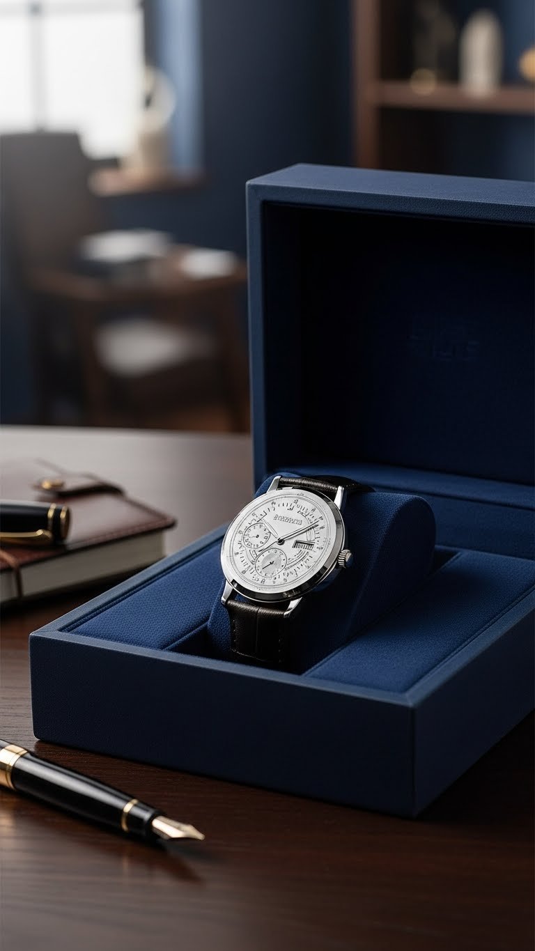 Sophisticated men's watch with personalized engraving resting on velvet cushion in gift box