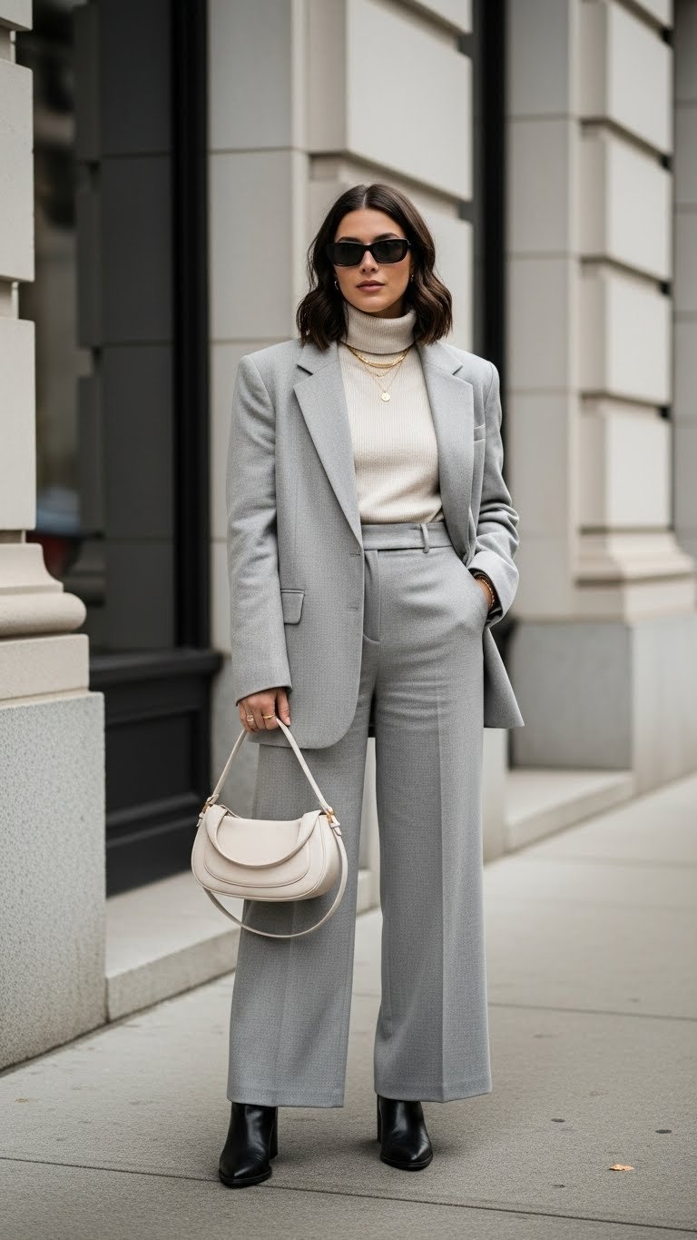 Sophisticated person wearing structured oversized blazer and wide-leg trousers in elegant urban gallery setting