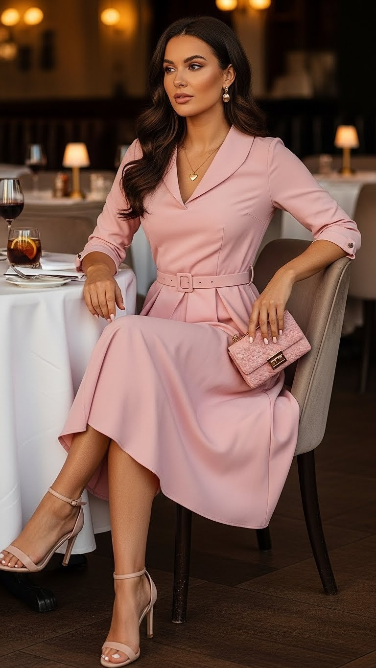 Sophisticated pink collared midi dress for romantic Valentine's dinner date in elegant restaurant setting