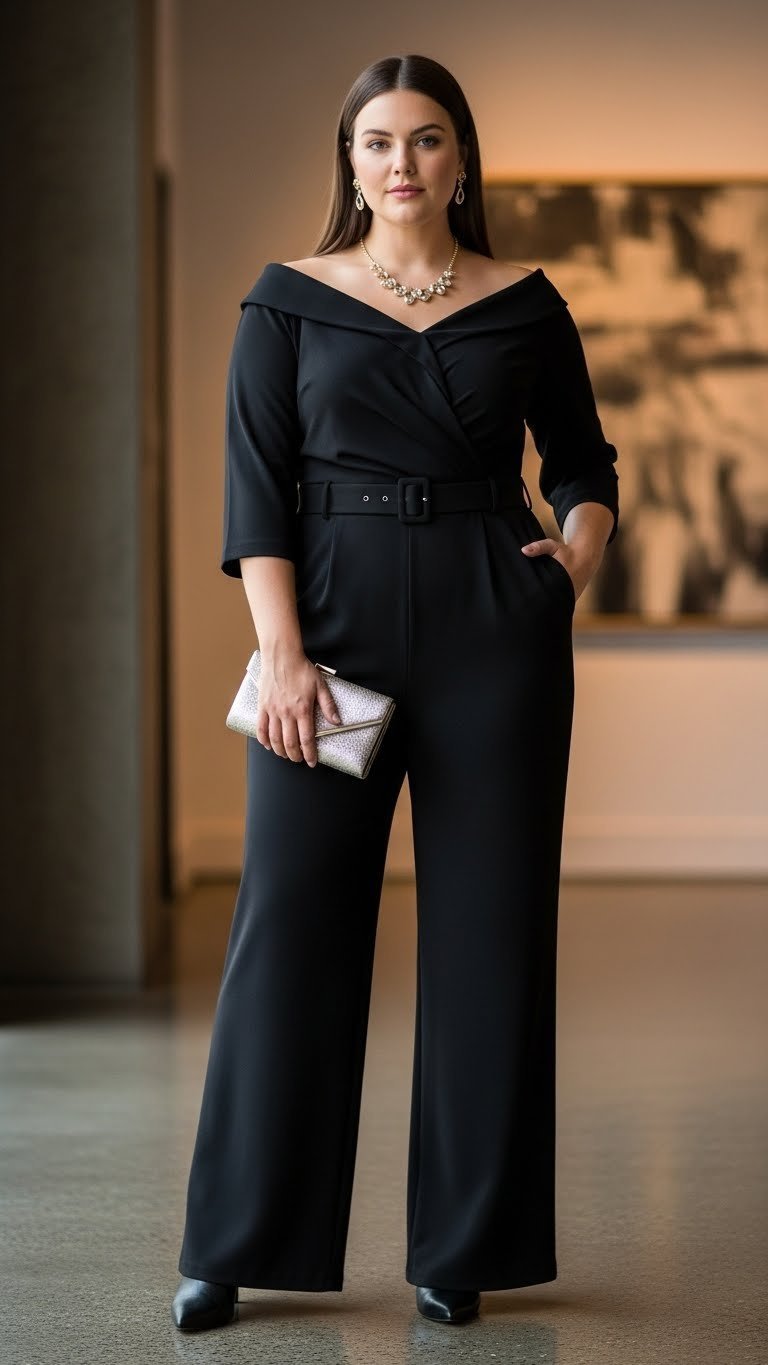 Sophisticated plus-size woman in tailored black jumpsuit posing elegantly in modern art gallery setting.