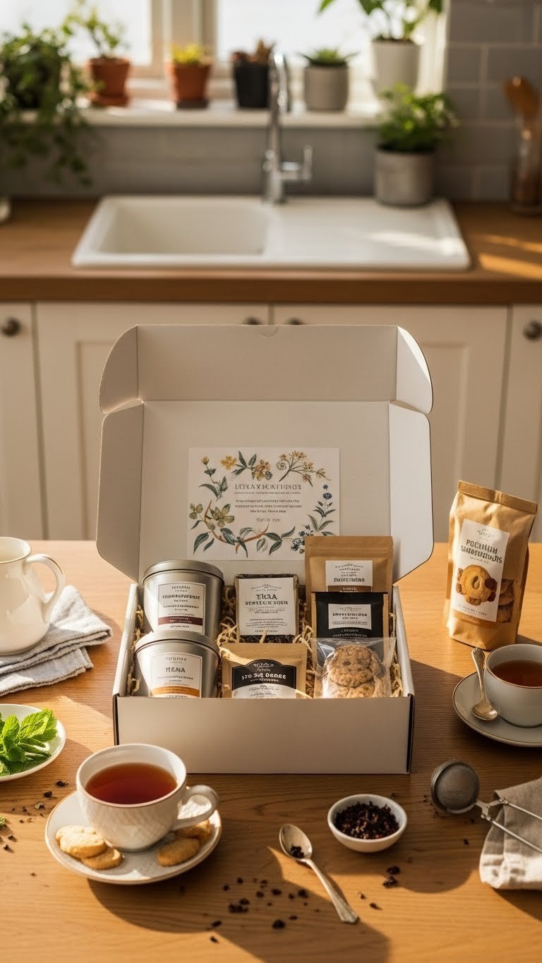 Sophisticated tea subscription box open with gourmet blends, ceramic teacup, and cookies on rustic wooden table