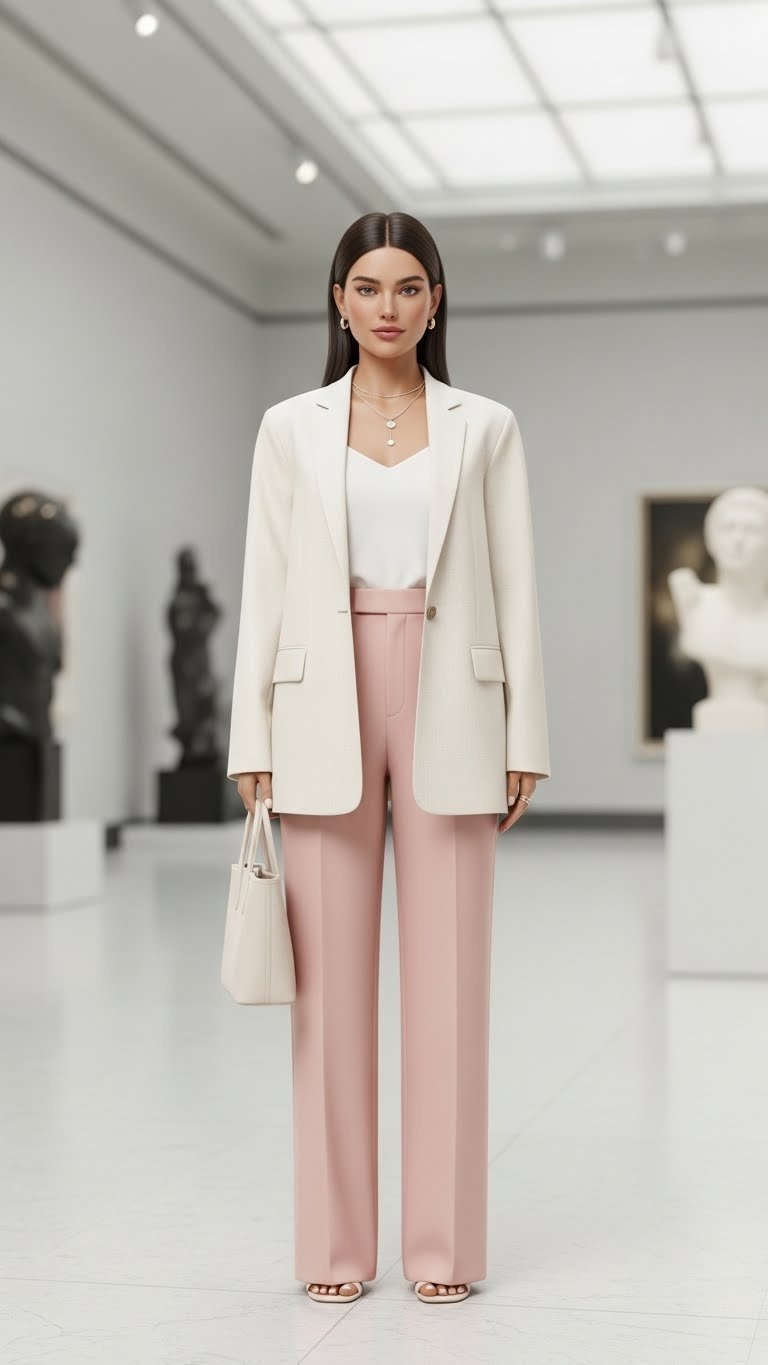 Sophisticated virtual avatar in cream blazer and blush trousers posing elegantly in modern art gallery setting