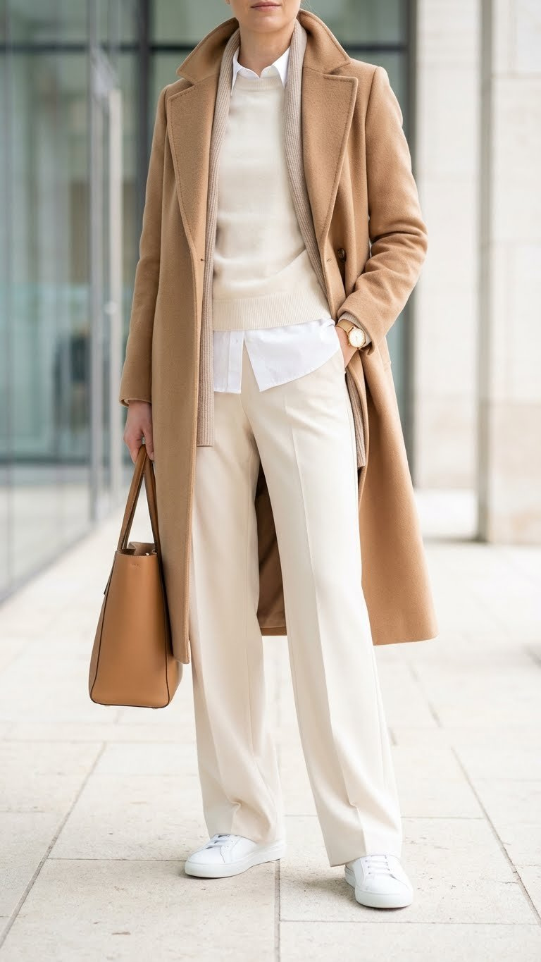 Sophisticated winter outfit featuring a camel wool coat, ivory cashmere sweater, cream wide-leg trousers, and white leather sneakers.
