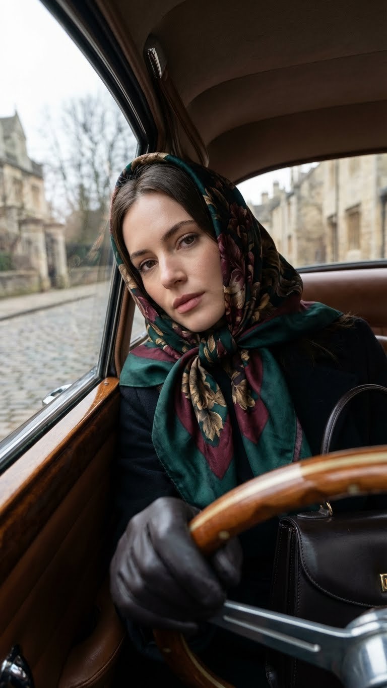 Sophisticated woman in a vintage emerald burgundy floral silk head scarf inside a classic car with leather interior. Elegant style.