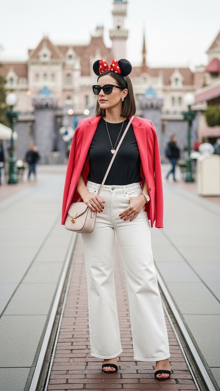 Sophisticated woman in minimalist chic outfit with subtle Disney accessories at Disneyland