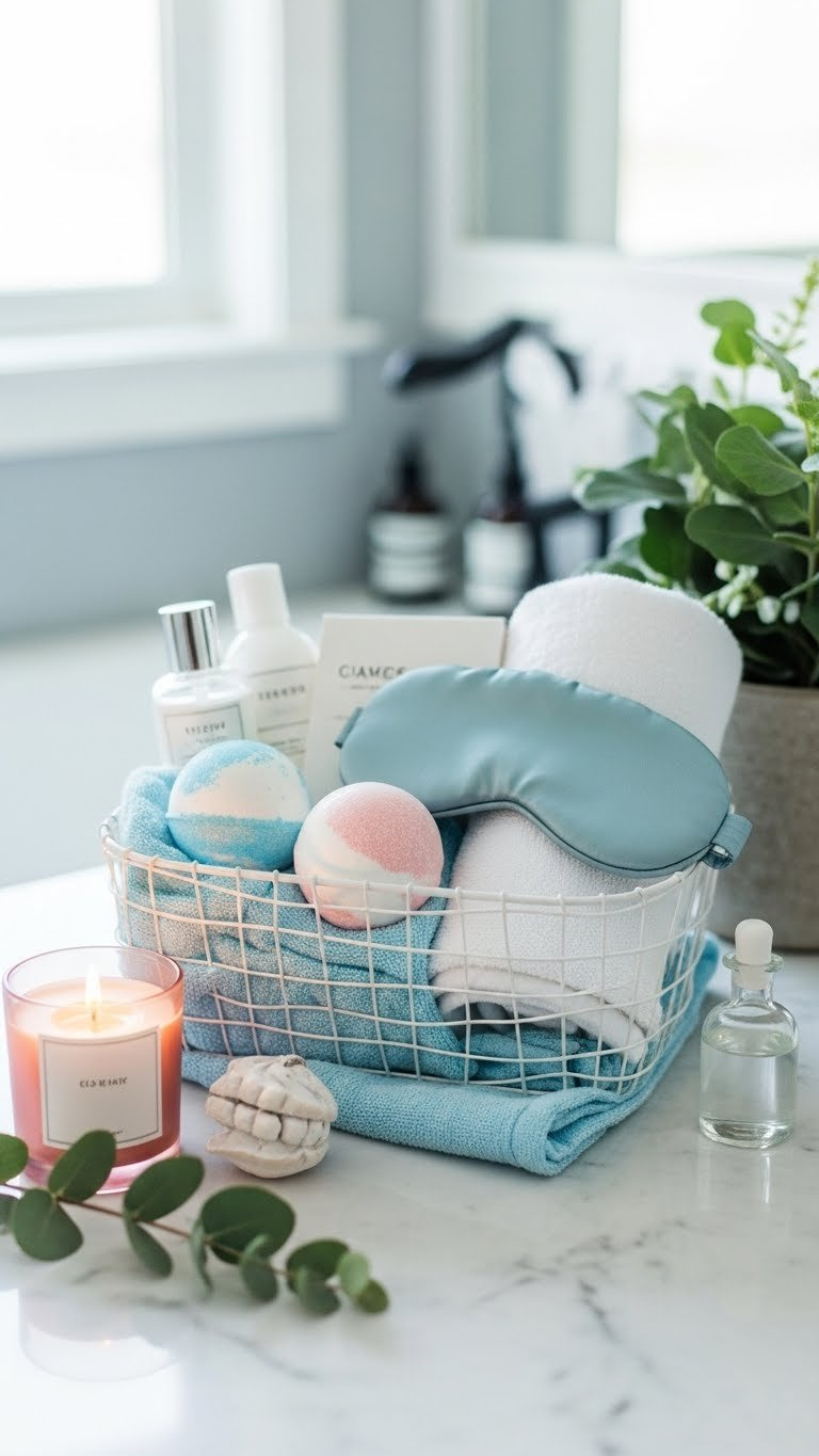 Spa basket with bath bombs, luxurious lotions, and soft towel arranged on white marble countertop