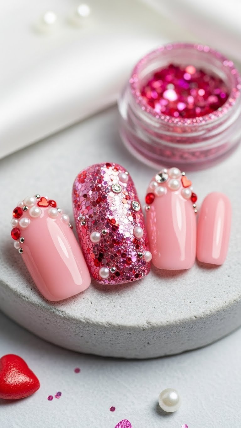 Sparkling Valentine's Day junk nails featuring glitter accent nail with pearl beads against light gray stone surface