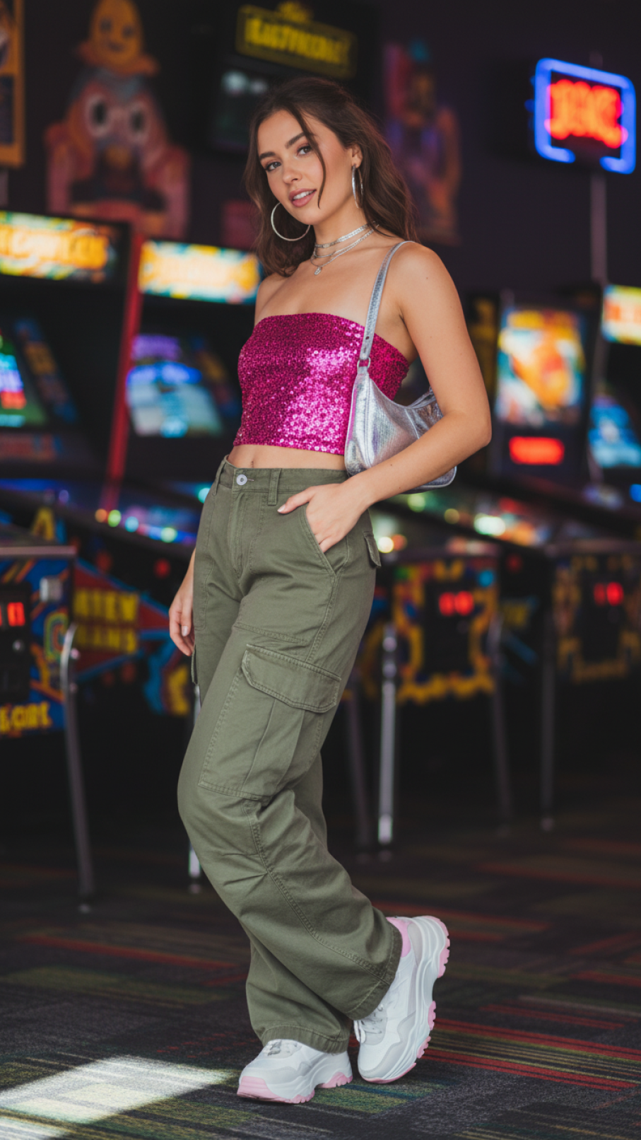 Sparkly Y2K Valentine's party outfit with pink sequin tube top and cargo pants in retro arcade setting