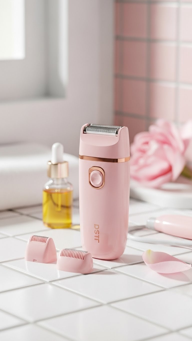 Specialized women's bikini line trimmer with attachments on white ceramic tile surface with soothing oil