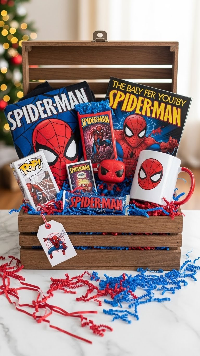 Spiderman-themed gift basket overflowing with comic book, graphic tee, Funko Pop, and personalized mug