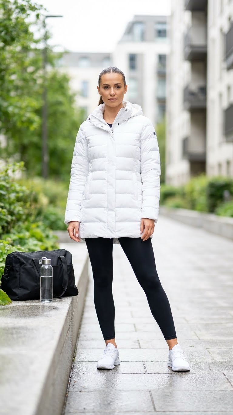 Sporty white puffer jacket, black leggings, athletic sneakers, gym tote, water bottle, active lifestyle fashion.