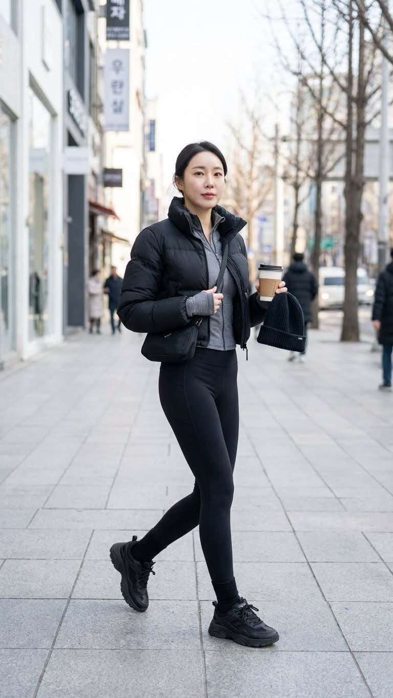 Sporty winter outfit with a black cropped puffer jacket, gray athletic top, black leggings, and chunky sole sneakers.