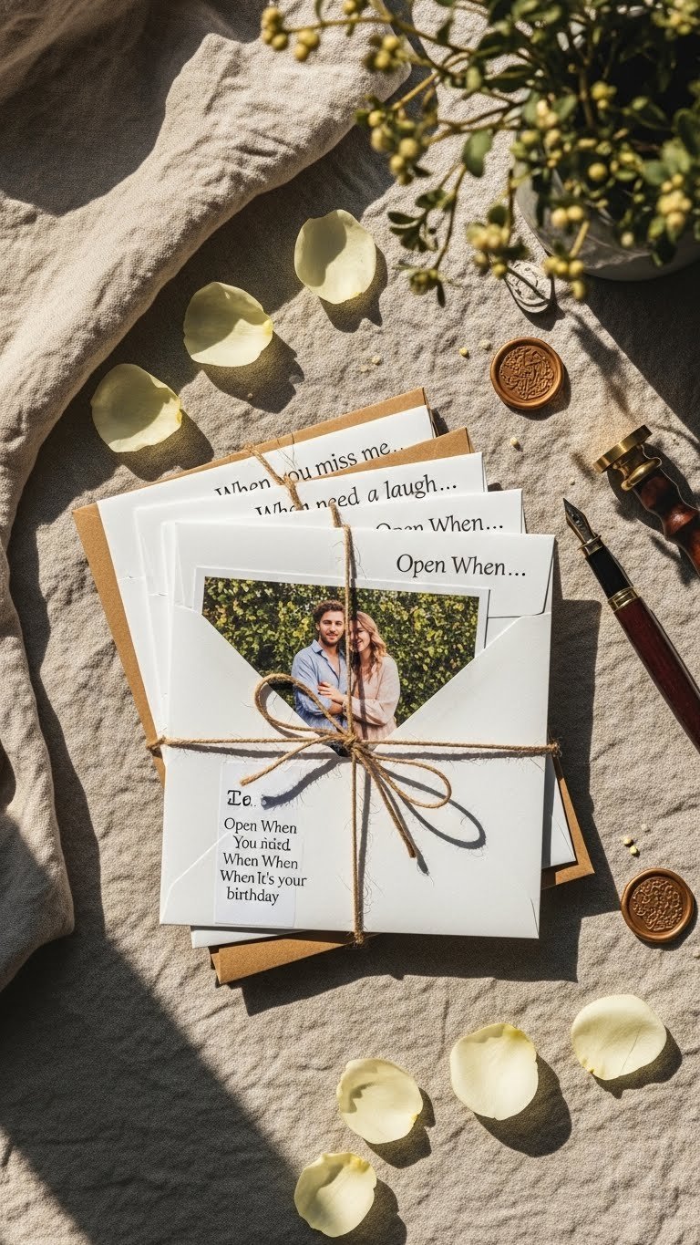 Stack of Open When letters with small photos visible through envelopes tied with rustic twine on linen fabric.