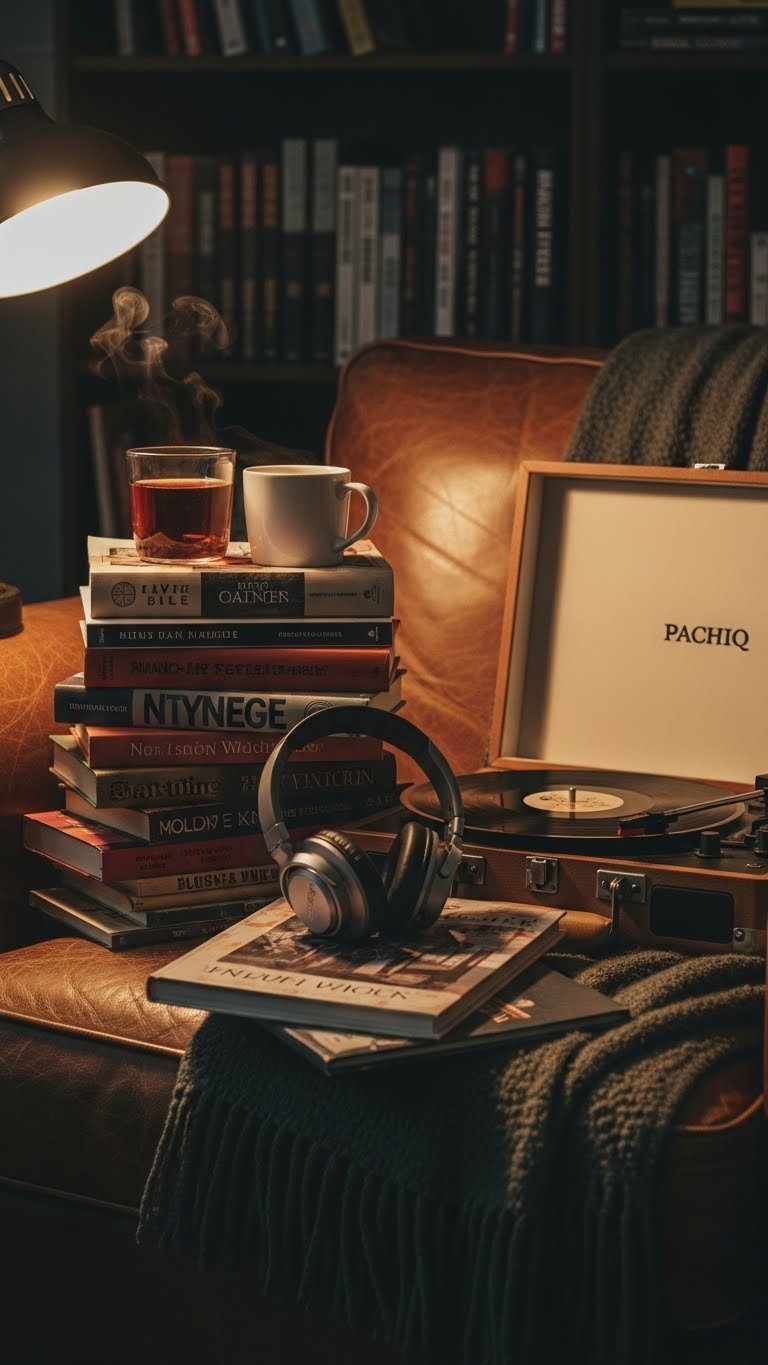Stack of diverse books with premium headphones and vintage record player in cozy reading nook setting
