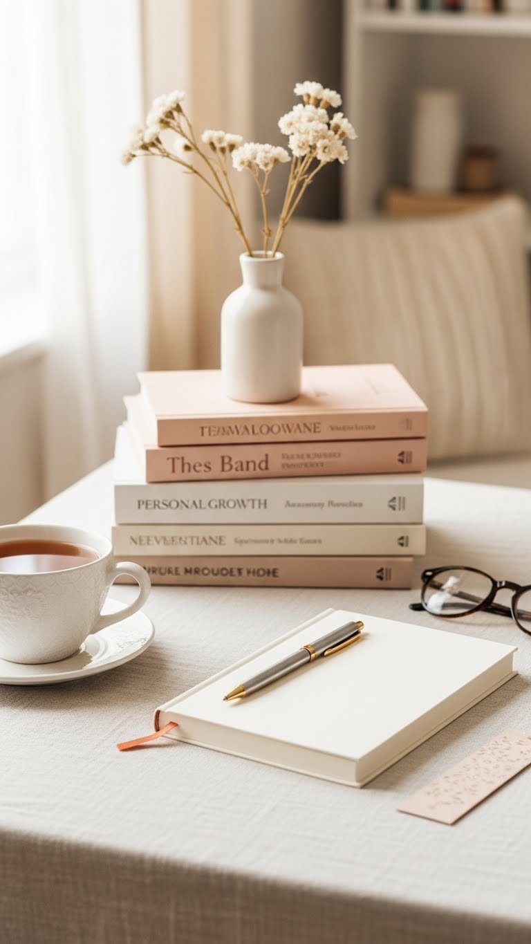 Stack of empowerment books with elegant journal arranged on linen tablecloth with reading glasses